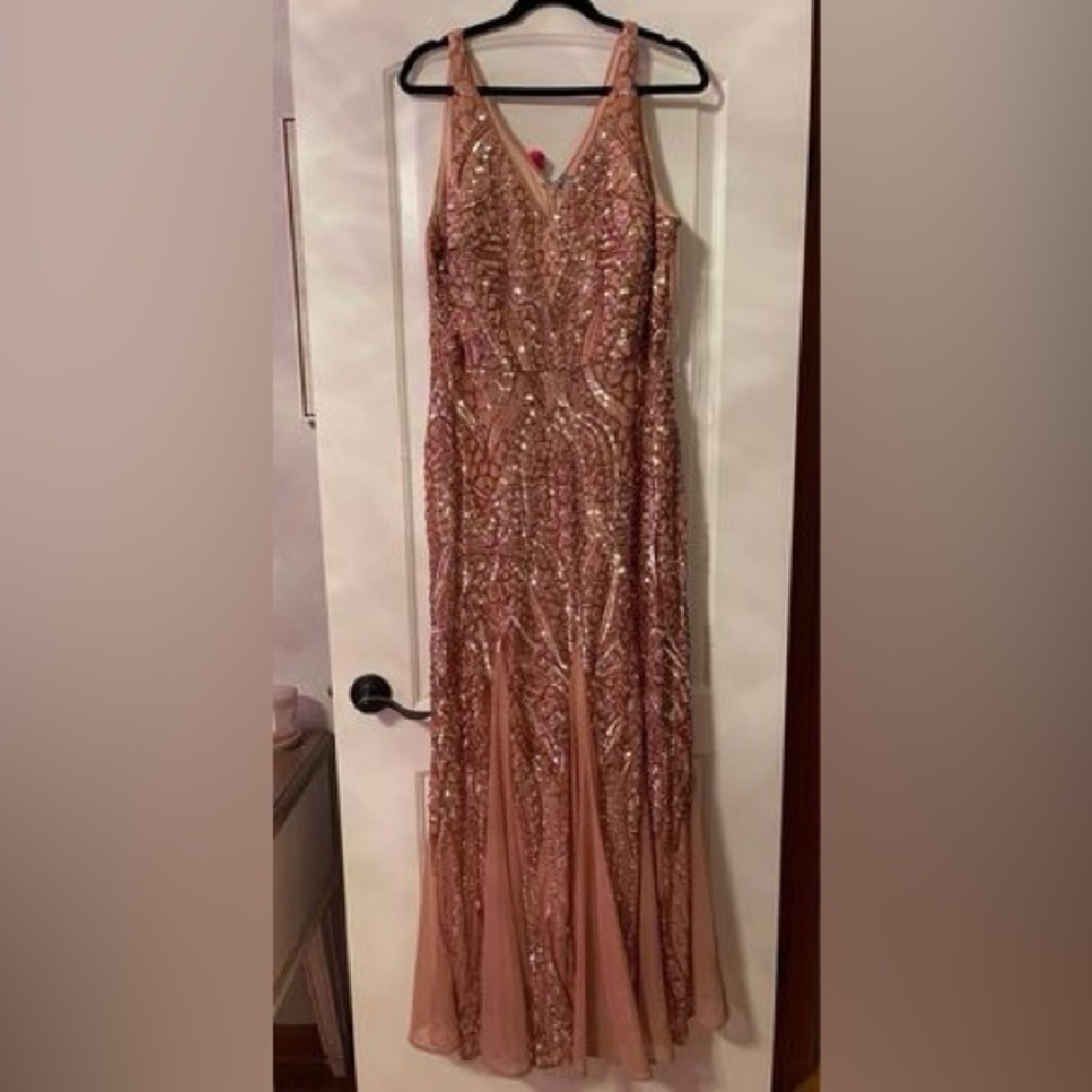 Rose gold prom dress with sequins.